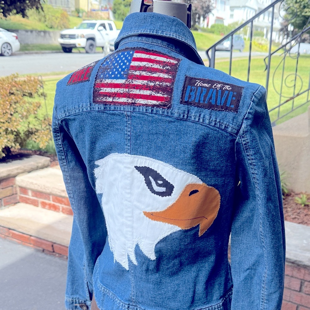 Denim Jacket with Eagle and Flag Patches